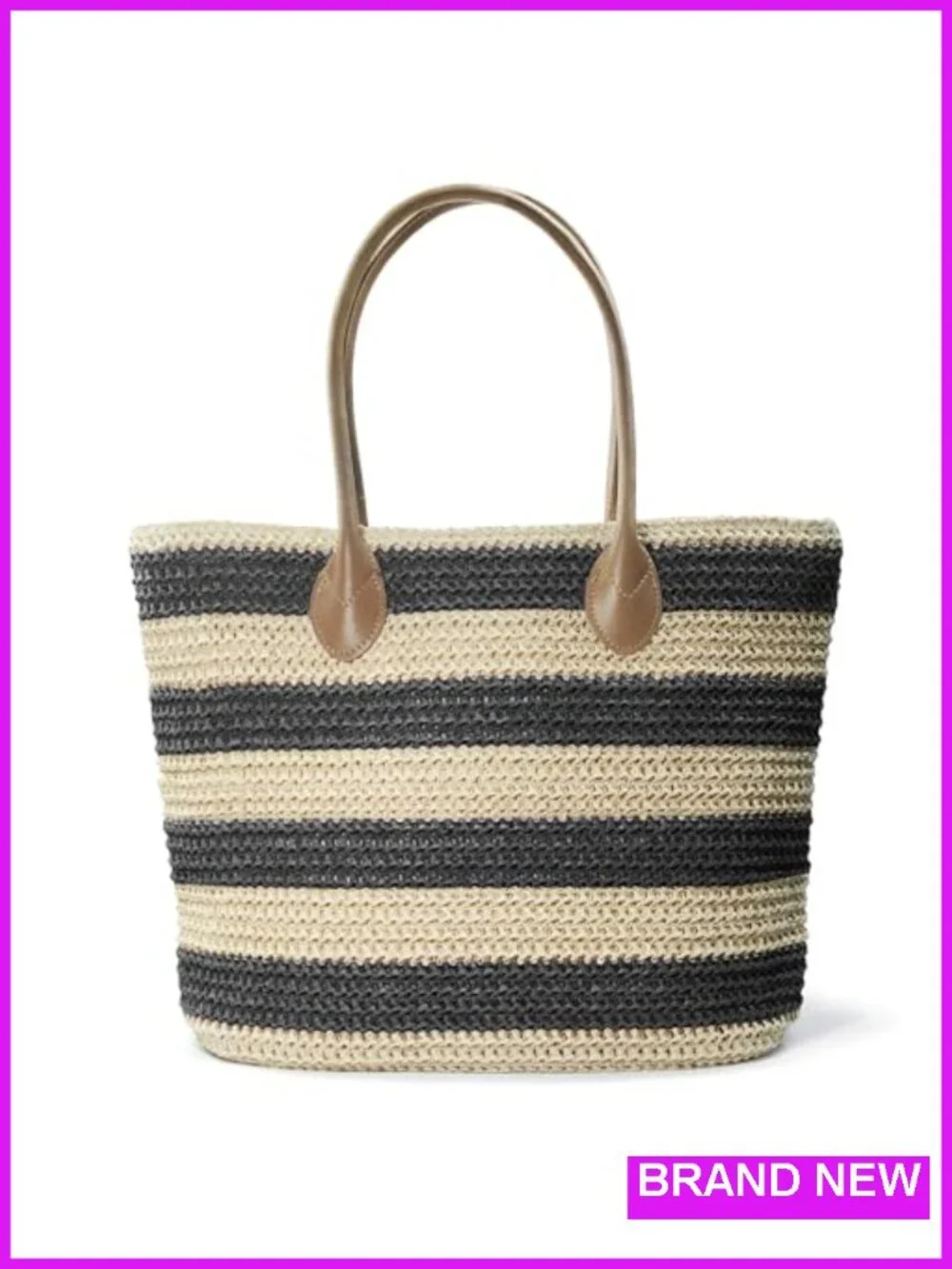 Striped Synthetic Straw Tote Lightweight Shoulder Handbag with Zipper